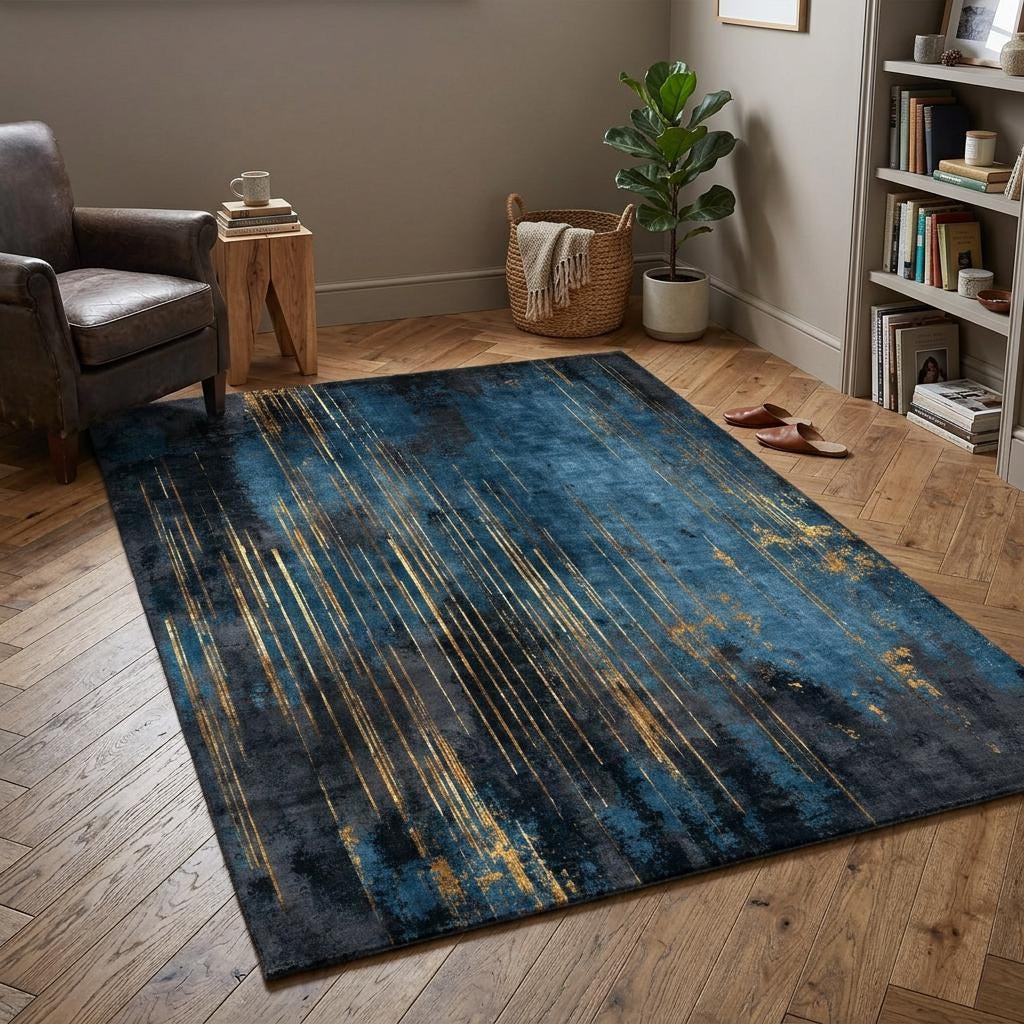 Blue and Gold Abstract Rug, Modern Navy Area Carpet, Contemporary ...