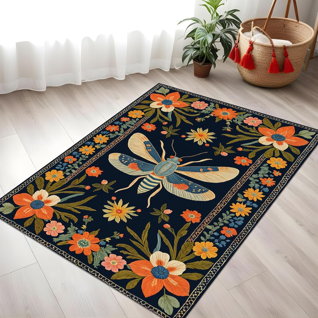 Pattern Floral Whimsical Rug Whimsical Folk Art Rug With Butterfly and Floral Frame – Colorful ...