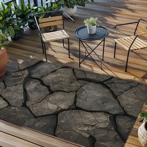 Black Cracked Stone Rug, Modern Washable 3D Rock Design Carpet, Stylish Living Room Mat, Durable Bedroom Decor, Contemporary Floor Accent
