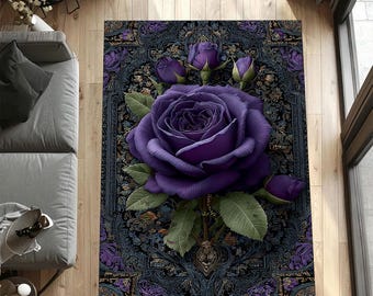 Gothic Purple Rose Rug Dark Floral Victorian Carpet Black