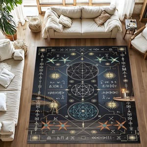 Mystical Symbol Rug With Geometric Stars – Washable Dark Digital Carpet For Astrology & Esoteric Decor, Celestial Gift For Witchy Interiors