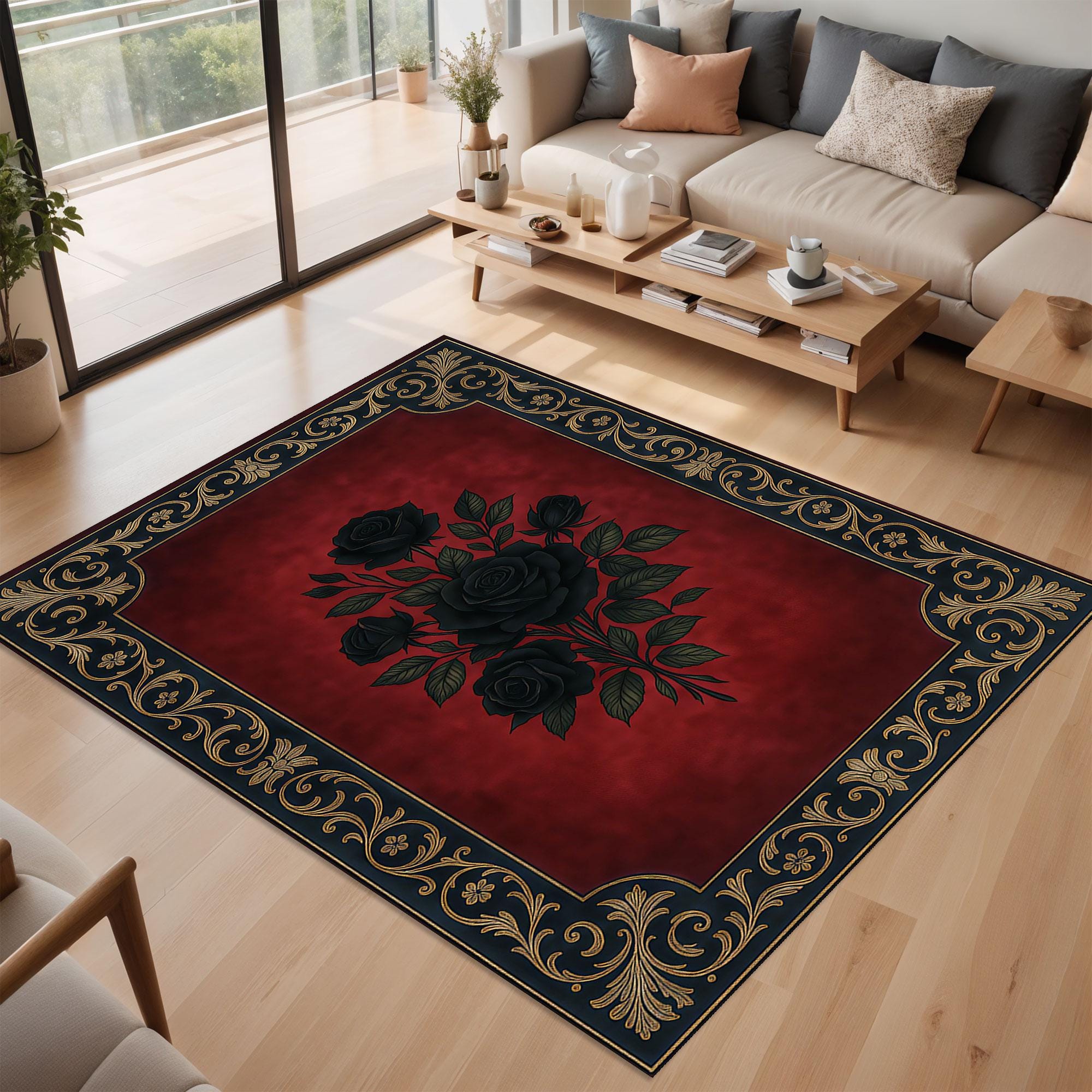 Baroque Red Black Rug, Gothic Floral Carpet With Vintage Rose Design ...