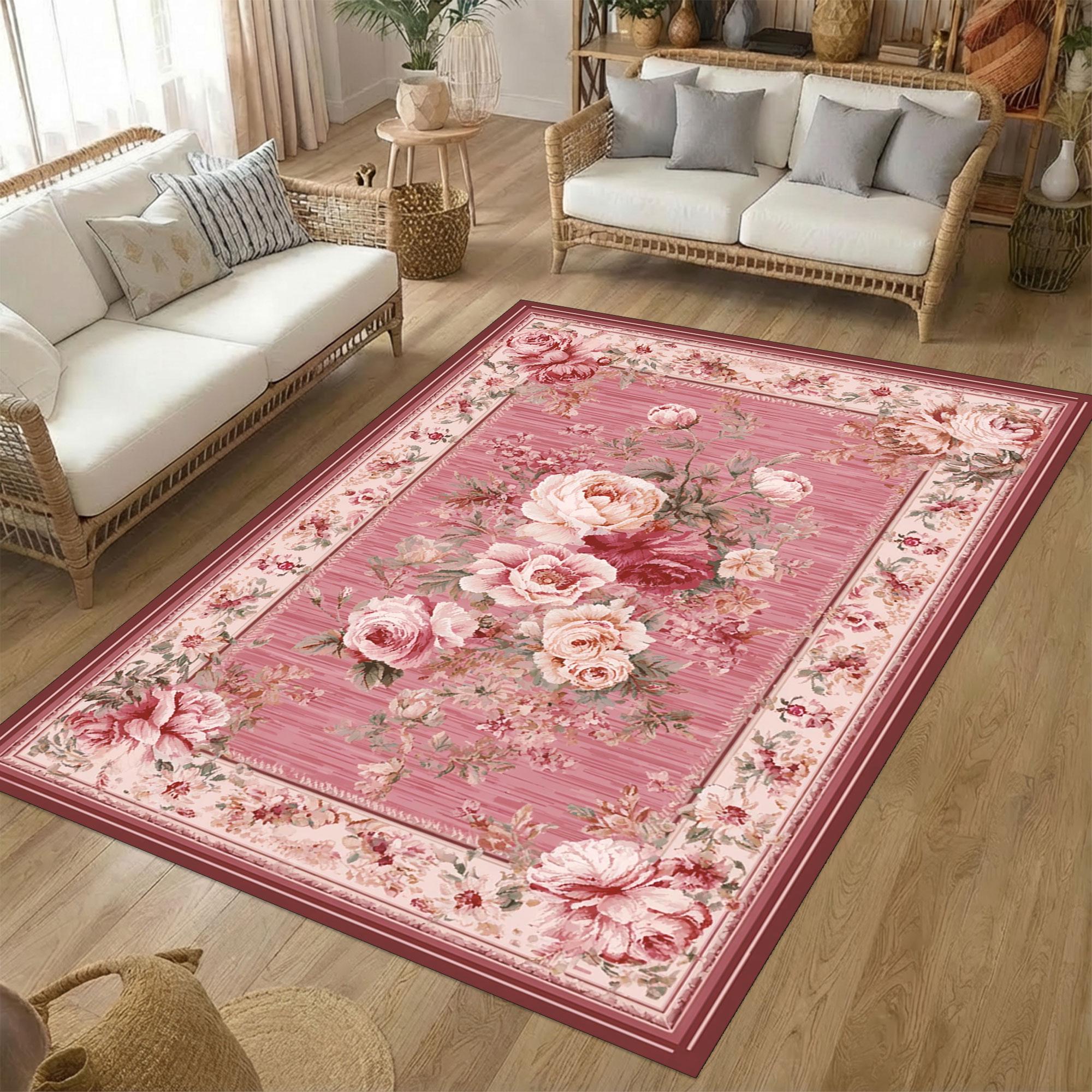 Romantic Pink Vintage Floral Rose Area Rug With Soft Botanical