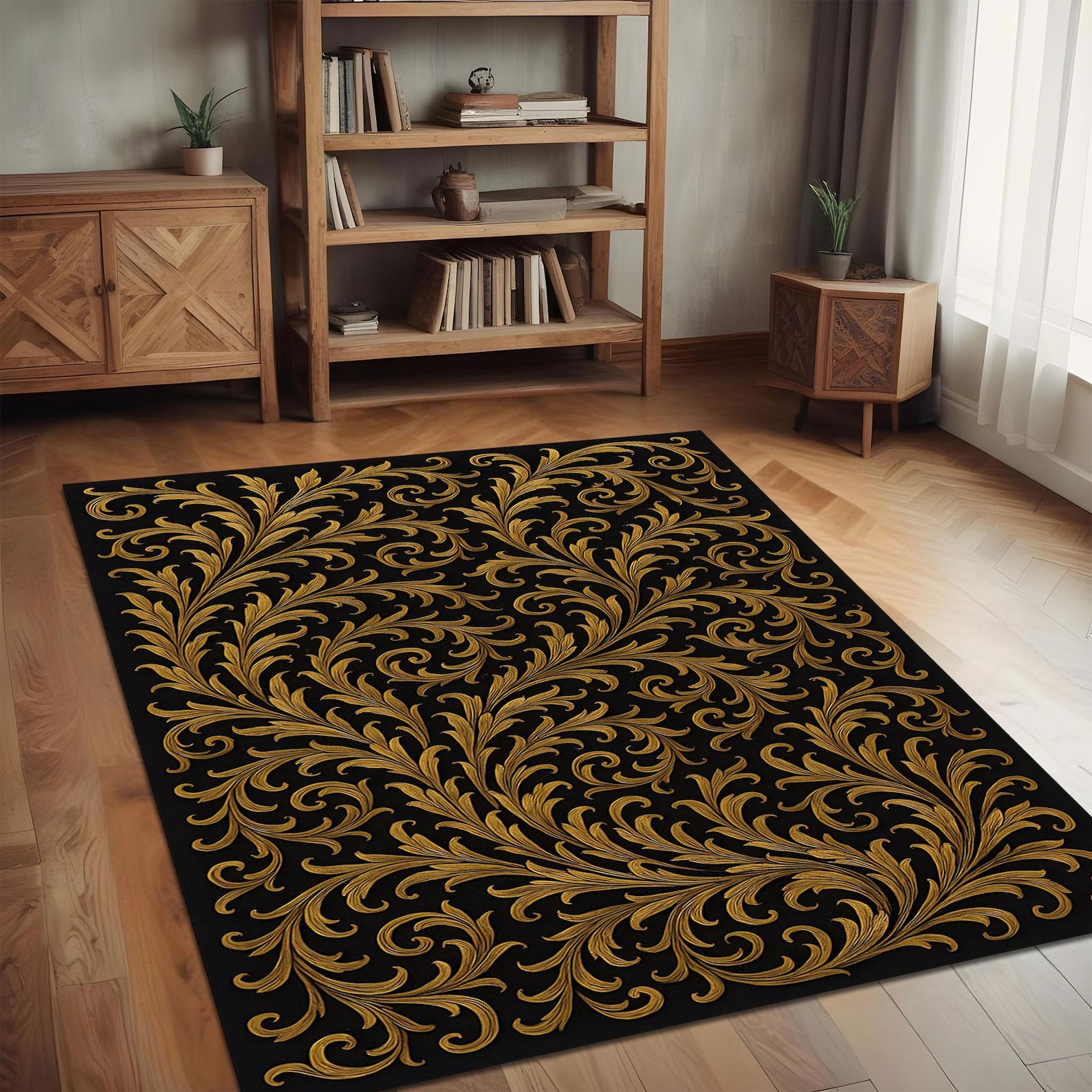 Round Baroque Rug Black and Gold Baroque Rug, Ornate Swirl Leaf Pattern, Sophisticated ...