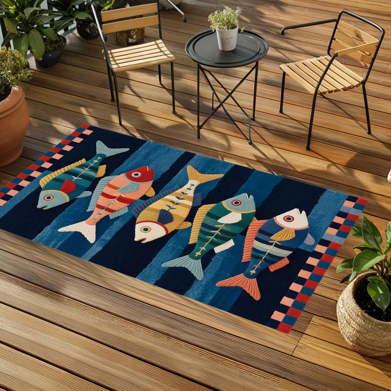 May include: A rectangular area rug featuring a dark blue background with five stylized fish in shades of teal, orange, yellow, green, and blue. The rug has a border with a colorful checkered pattern in red, blue, and orange squares.