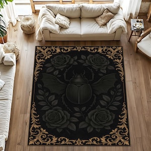 Gothic Beetle Rug, Black Rose Bug Carpet with Gold Baroque Border, Dark Occult Floor Decor for Witch Room or Alternative Animal Decor Rug