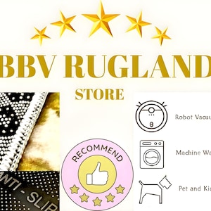 May include: The image displays the text "BBV RUGLAND STORE" with gold stars above. It also shows a section of a rug with a black and white pattern, and icons indicating features like robot vacuum compatibility, machine washability, and pet and kid-friendly.