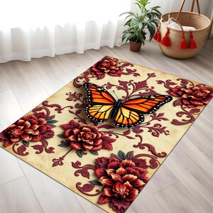 Butterfly Rug, Floral Frame Rug, Beige Classic Mat, Orange Monarch Decor, Elegant Nature Rug, Romantic Baroque Floor Mat, Insect Home Accent