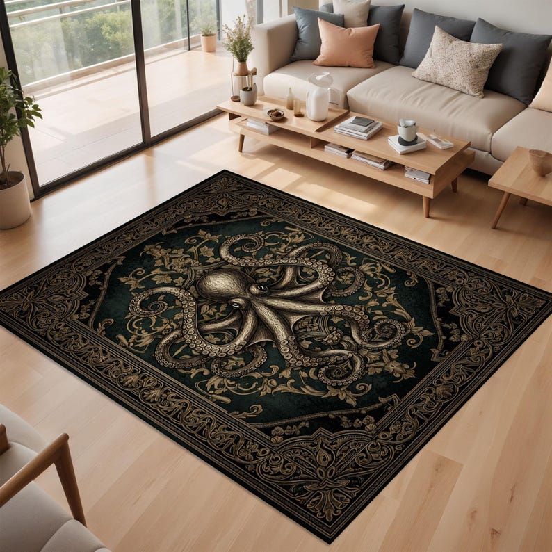 May include: A rectangular area rug featuring an octopus design. The rug has a dark teal background with a detailed gold floral pattern and a border. The octopus is depicted in a detailed, vintage style.
