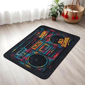Tapis rétro, tapis boombox, tapis radio old school, tapis de chambre hip hop, tapis musique pour ados, décoration style graffiti, tapis art urbain, tapis street style des années 90