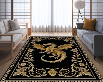 Black Gold Dragon Rug, Gothic Baroque Fantasy Carpet, Mythical Creature Living Room Rug, Medieval Dragon Home Decor Mat, Elegant Dark Rug
