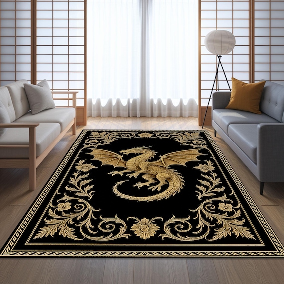Black Gold Dragon Rug, Gothic Baroque Fantasy Carpet, Mythical