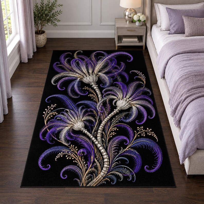 Gothic Purple Area Rug, Silver Sea Lily Motifs on Black With Violet ...