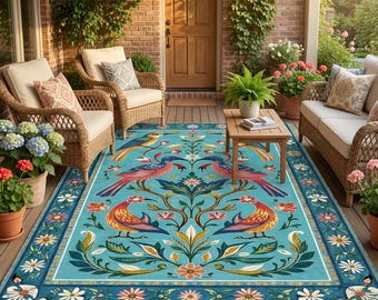 Scandinavian Folk Art Bird Outdoor Rug, Colorful Floral Patio Carpet, Scandinavian Garden Porch Decor, Washable Non Slip Area Rug