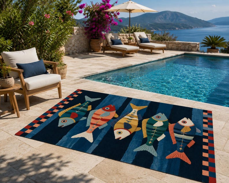May include: A rectangular area rug featuring a dark blue background with vertical stripes and a repeating pattern of five stylized fish in shades of yellow, red, green, and blue. The rug has a checkered border in red, blue, and orange squares.