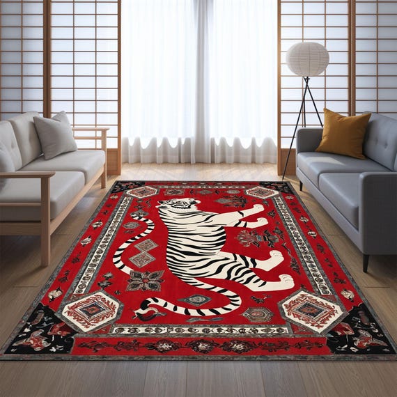 Tiger Rug, Red Oriental Carpet, Bold Animal Print, Zen Room Decor
