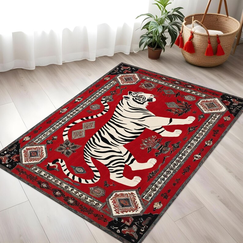 Red Animal Rug Tiger Rug, Red Oriental Carpet, Bold Animal Print, Zen Room Decor ...