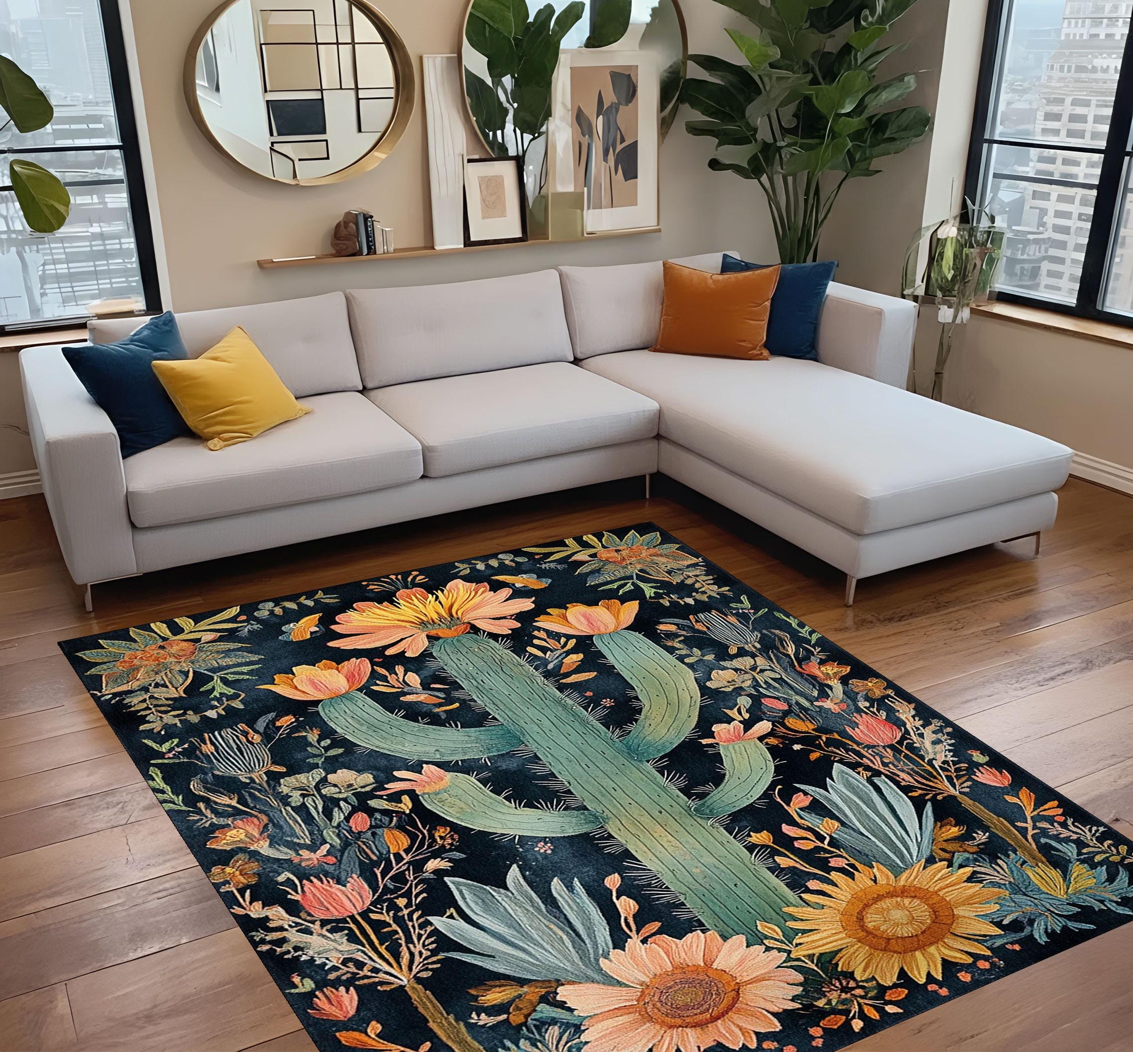Floral Cactus Botanical Rug With Wildflower Illustration, Boho Nature ...