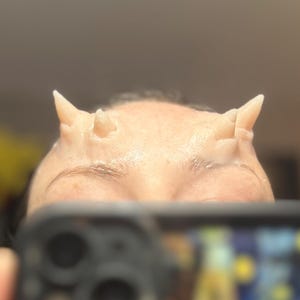Op de afbeelding: Een close-up van iemands voorhoofd met twee kleine, lichtgekleurde hoorns bevestigd. De hoorns zijn puntig en licht gebogen. De wenkbrauwen en een deel van de ogen van de persoon zijn zichtbaar.