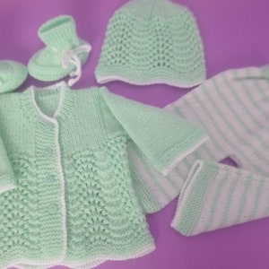 Newborn Unisex Outfit, Set of Cardigan Sweater, Pants, Beanie Hat and Booties, HandKnitted with Soft Hypoallergenic Acrylic Baby Wool image 5