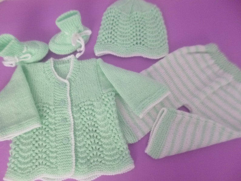 Newborn Unisex Outfit, Set of Cardigan Sweater, Pants, Beanie Hat and Booties, HandKnitted with Soft Hypoallergenic Acrylic Baby Wool image 5