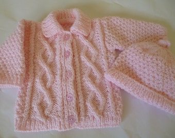 Newborn Baby Girl Set, Coming Home Baby Cardigan, Beanie Hat. Hand Knitted by hypoallergenic Acrylic Wool.Free Shipping by Certified Mail..