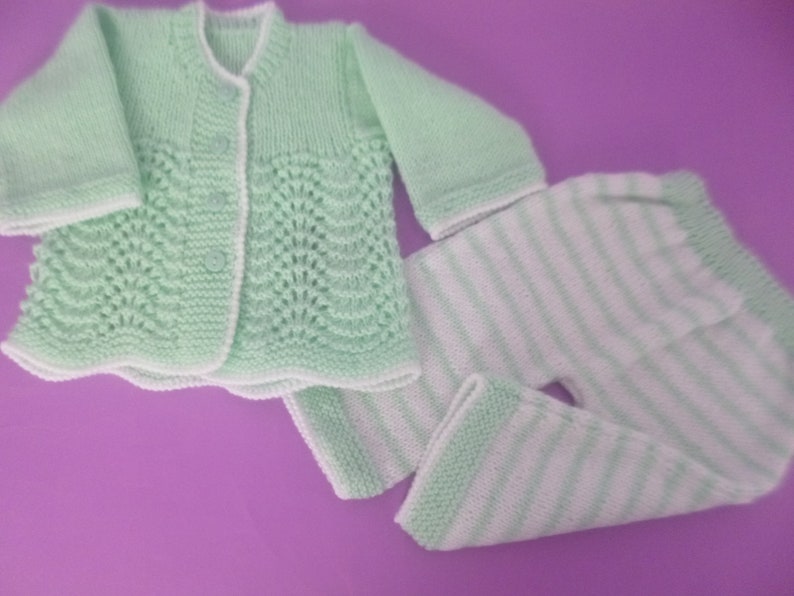 Newborn Unisex Outfit, Set of Cardigan Sweater, Pants, Beanie Hat and Booties, HandKnitted with Soft Hypoallergenic Acrylic Baby Wool image 6