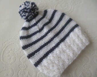 Pom Pom Baby Hat, White and Blue Baby Beanie, Handknitted, Free Shipping with Track & Trace, Ready to Ship