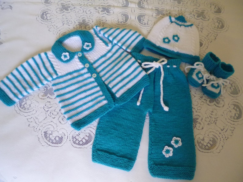 Baby Girl Outfit, Set of Cardigan/Sweater, Pants, Beanie Hat, Booties,REDUCED PRICE Handknitted with Hypoallergenic Wool image 3
