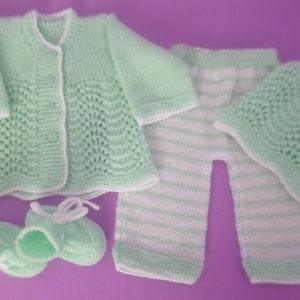 Newborn Unisex Outfit, Set of Cardigan Sweater, Pants, Beanie Hat and Booties, HandKnitted with Soft Hypoallergenic Acrylic Baby Wool image 1