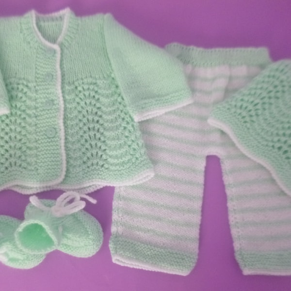 Newborn Unisex Outfit, Set of Cardigan Sweater, Pants, Beanie Hat and Booties, Hand Knitted with Soft Acrylic Wool.