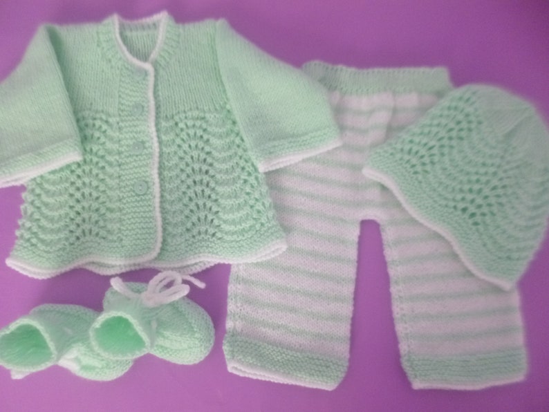 Newborn Unisex Outfit, Set of Cardigan Sweater, Pants, Beanie Hat and Booties, HandKnitted with Soft Hypoallergenic Acrylic Baby Wool image 1