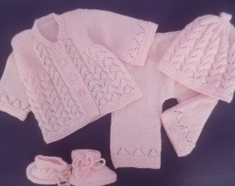 Baby Girl Outfit, Set of Cardigan Sweater, Pants, Beanie Hat and Booties, Hand Knitted with Baby Pink Soft Acrylic Wool.