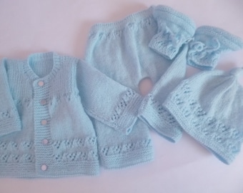 Baby Boy Outfit, Set of Cardigan Sweater, Pants, Beanie and Booties, Hand Knitted with  Soft Hypoallergenic Acrylic Baby Wool