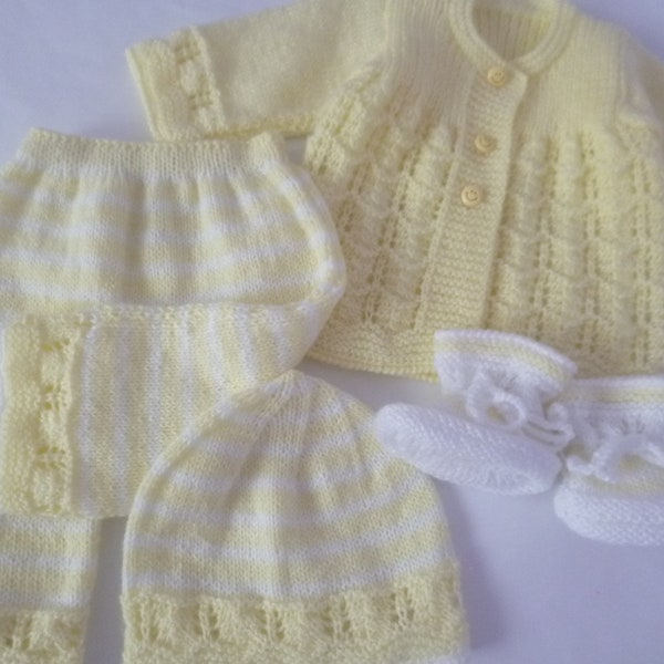 Newborn Unisex Baby Outfit, Set of Cardigan Sweater, Pants, Beanie hat and Booties, Hand Knitted with Soft Acrylic Wool.