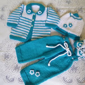 Baby Girl Outfit, Set of Cardigan/Sweater, Pants, Beanie Hat, Booties,REDUCED PRICE Handknitted with Hypoallergenic Wool image 1