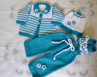 Baby Girl Outfit, Set of Cardigan/Sweater, Pants, Beanie Hat, Booties, Handknitted  with  Hypoallergenic Wool, Free Shipping, Certified Mail