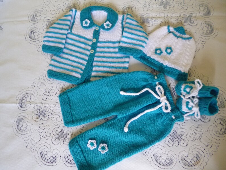 Baby Girl Outfit, Set of Cardigan/Sweater, Pants, Beanie Hat, Booties,REDUCED PRICE Handknitted with Hypoallergenic Wool image 1