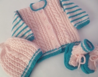 Baby Girl Outfit, Set of Cardigan Sweater, Beanie Hat and Booties, Knitted with Soft Hypoallergenic Acrylic Wool.