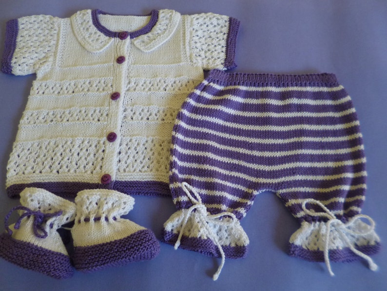 Baby Cotton Set Summer Cotton Set FREE SHIPPING Knitted Baby Outfit Baby Shower Gift Purple White Baby Set. Summer Baby Set