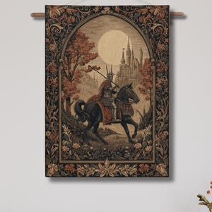 Castle and Knight Woven Wall Tapestry; Medieval Armor Wall Hanging with Ornamentals