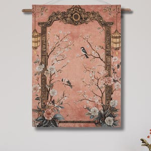Japanese Chinoiserie Woven Wall Tapestry, Pink Floral Wall Hanging with Birds, Asian Pagodoa Wall Decor, Oriental Tapestry with Flowers