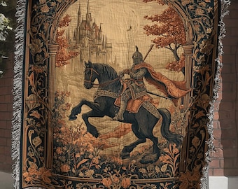 Medieval Castle Tapestry with Knight; Fantasy Amor on Horse Back Woven Blanket