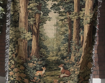 Enchanted Woodland Woven Blanket, Fantasy Forest Tapestry, Nature Inspired Wall Hanging, Cozy Green Woods and Forest Animals Throw Blanket