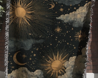 Vintage Astronomy Tapestry with Sun Stars, Blue Celestial Clouds Woven Blanket