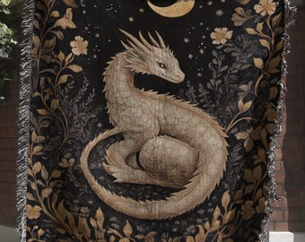 Whimsical Dragon Woven Blanket, Celestial Fantasy Tapestry, Fairytale Mythical Creature Wall Hanging, Dark Academia Decor, Castlecore