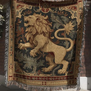 Medieval Lion Woven Blanket, Heraldric Tapestry, Gothic Renaissance Wall Hanging, Historical Castle Textile Art Throw, Mythical Creature
