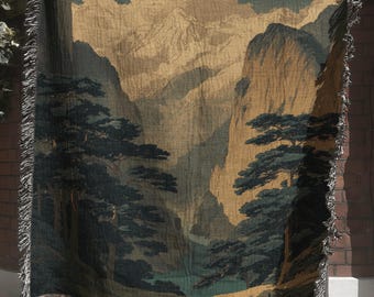 Mountain Valley Woven Tapestry; Scenic Forest Landscape Woven Blanket for Nature Inspired Decor