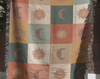 Celestial Boho Woven Blanket, Sun and Moon Checkerboard, Astrology Inspired Throw Blanket, Vintage Tapestry, Spiritual Home Decor Gift