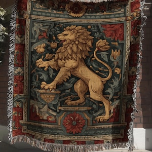 Medieval Lion Tapestry, Heraldic Woven Blanket, Gothic Castle Decor, Renaissance Wall Hanging, Fantasy Mythical Creature Textile Art